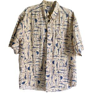 Columbia Shirt Button Down Fish Print Short Sleeve Cotton Shirt Men's Large
